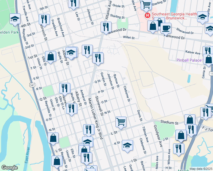 map of restaurants, bars, coffee shops, grocery stores, and more near 2618 Gordon Street in Brunswick