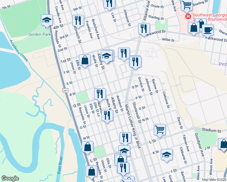 map of restaurants, bars, coffee shops, grocery stores, and more near 2700 Albany Street in Brunswick
