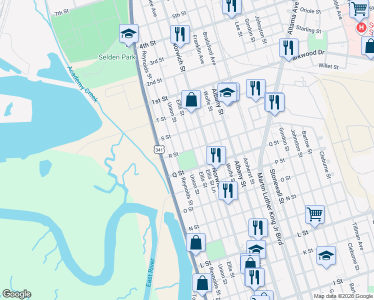map of restaurants, bars, coffee shops, grocery stores, and more near 701 R Street in Brunswick