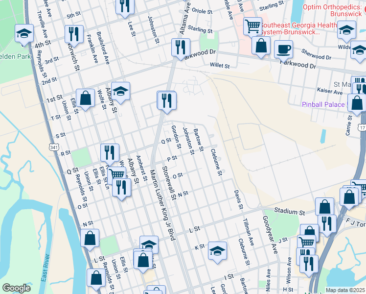 map of restaurants, bars, coffee shops, grocery stores, and more near 2618 Gordon Street in Brunswick