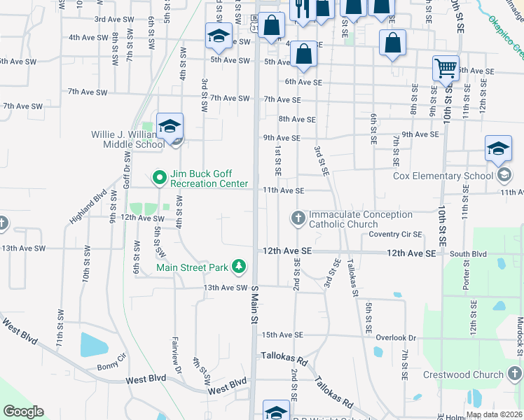 map of restaurants, bars, coffee shops, grocery stores, and more near 1125 South Main Street in Moultrie
