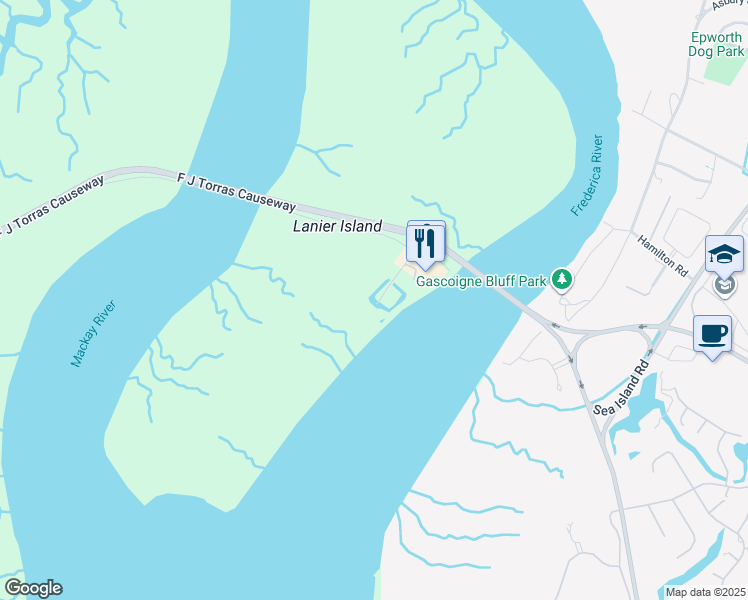 map of restaurants, bars, coffee shops, grocery stores, and more near 1 Marina Drive in St. Simons Island