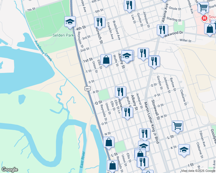 map of restaurants, bars, coffee shops, grocery stores, and more near 701 R Street in Brunswick