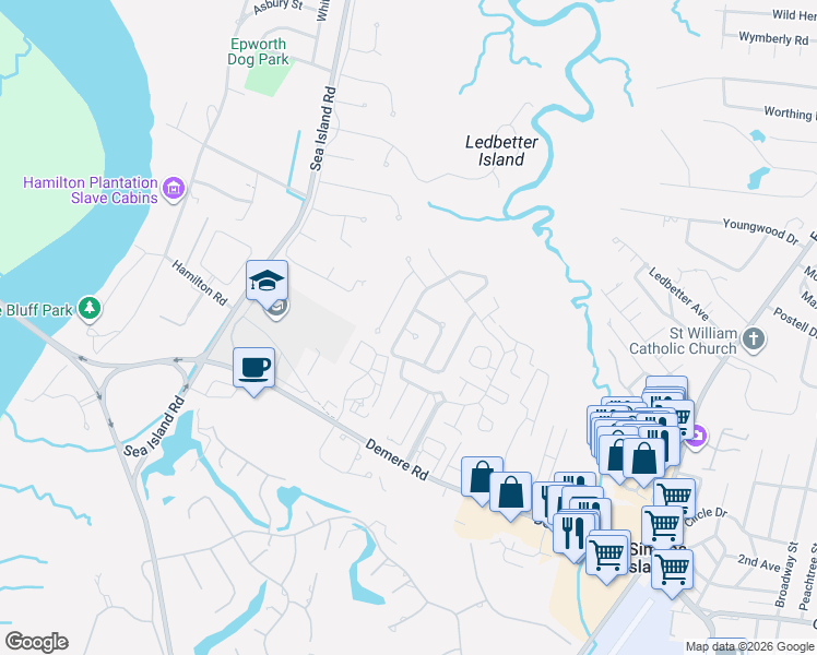 map of restaurants, bars, coffee shops, grocery stores, and more near 107 Canopy Court in St. Simons Island
