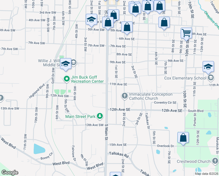 map of restaurants, bars, coffee shops, grocery stores, and more near 1125 South Main Street in Moultrie
