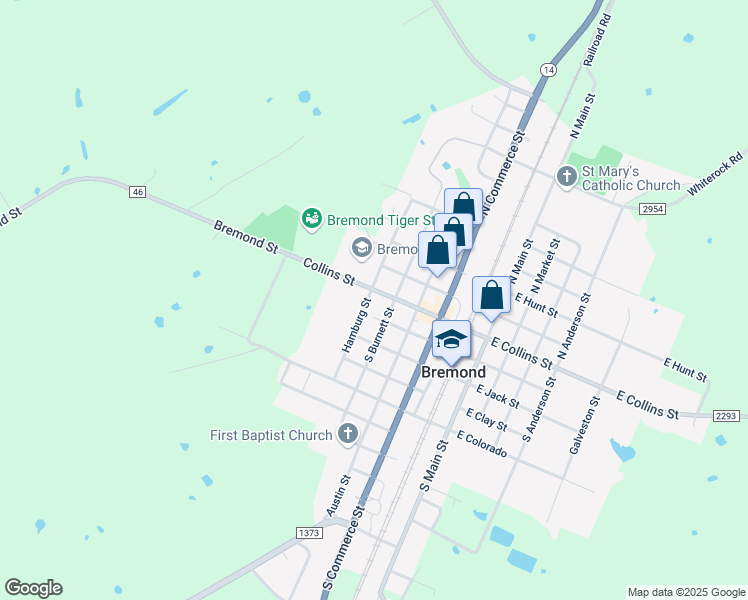map of restaurants, bars, coffee shops, grocery stores, and more near Farm to Market 46 in Bremond