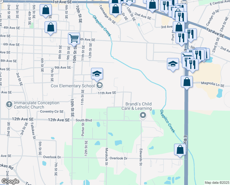 map of restaurants, bars, coffee shops, grocery stores, and more near 1275 11th Avenue Southeast in Moultrie