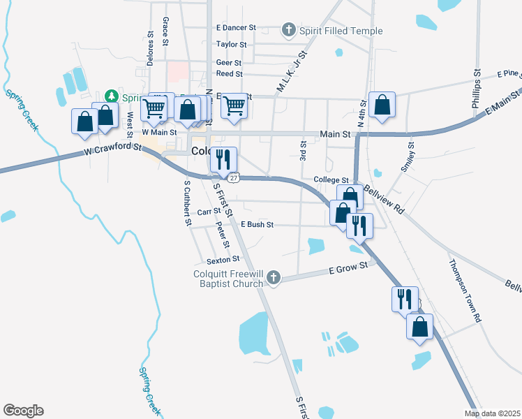 map of restaurants, bars, coffee shops, grocery stores, and more near 111 Bremond Street in Colquitt