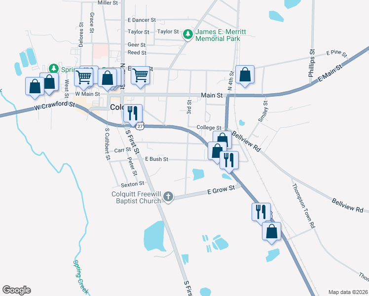 map of restaurants, bars, coffee shops, grocery stores, and more near 201 Bremond Street in Colquitt