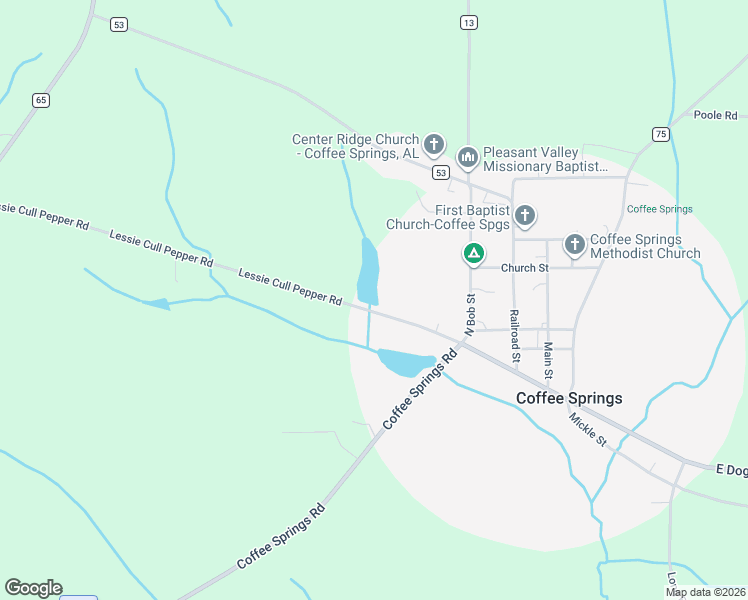 map of restaurants, bars, coffee shops, grocery stores, and more near 102 Lessie Cull Pepper Road in Coffee Springs