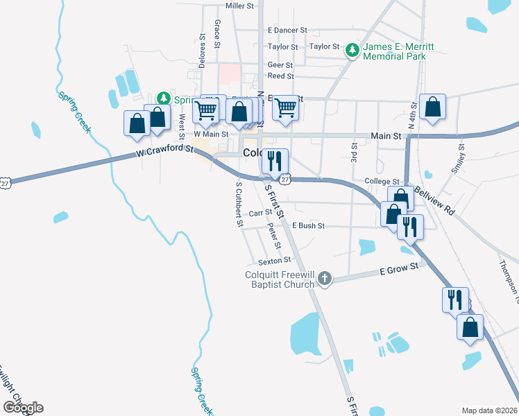 map of restaurants, bars, coffee shops, grocery stores, and more near 200 Carr Street in Colquitt