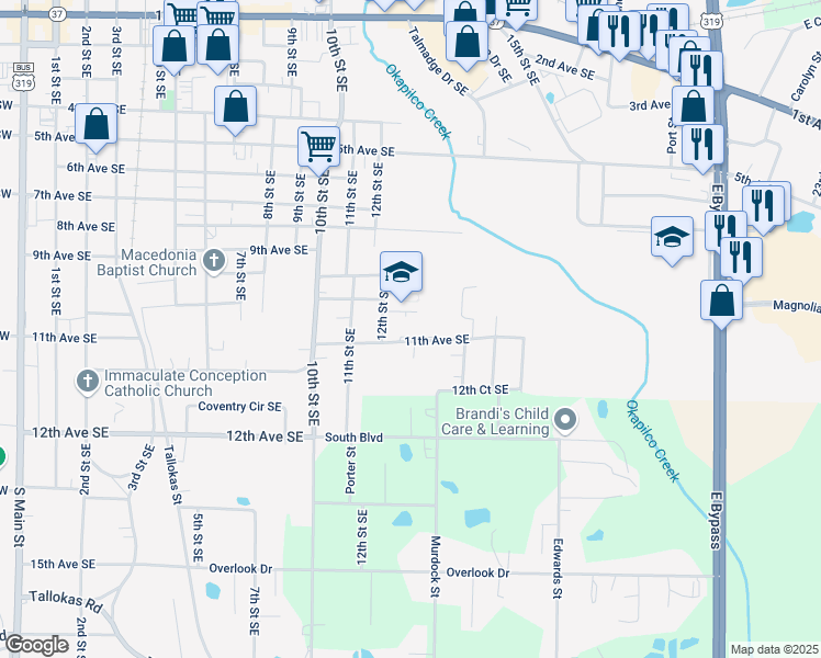 map of restaurants, bars, coffee shops, grocery stores, and more near 1275 11th Avenue Southeast in Moultrie