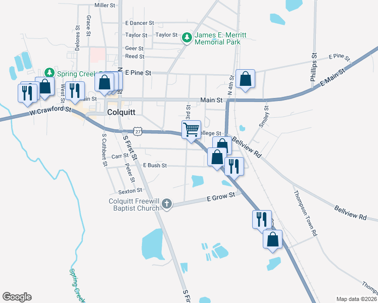map of restaurants, bars, coffee shops, grocery stores, and more near 201 Bremond Street in Colquitt
