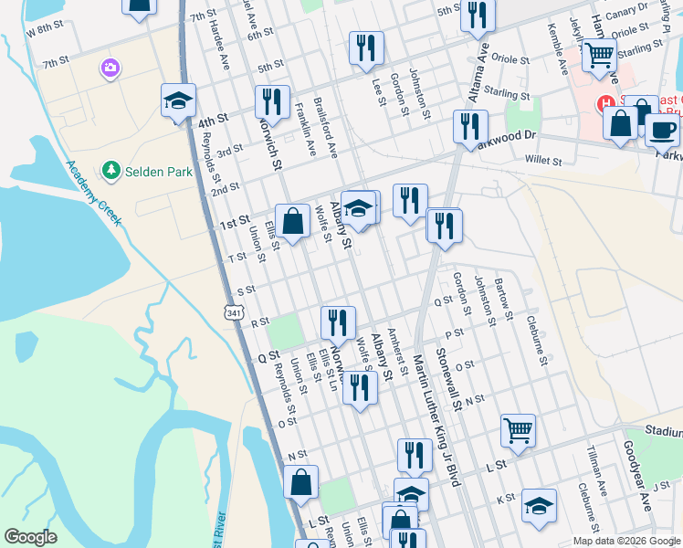 map of restaurants, bars, coffee shops, grocery stores, and more near 2820 Wolfe Street in Brunswick