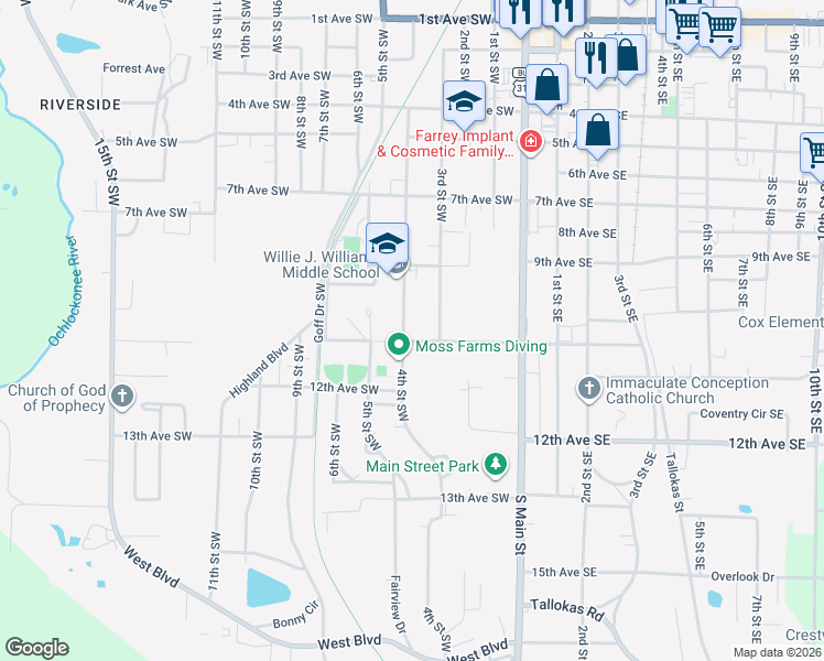 map of restaurants, bars, coffee shops, grocery stores, and more near 1025 4th Street Southwest in Moultrie