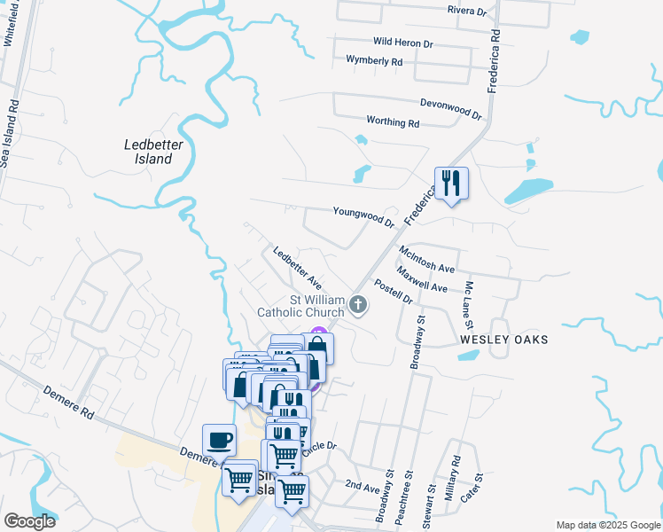 map of restaurants, bars, coffee shops, grocery stores, and more near 120 Heritage Drive in St. Simons Island