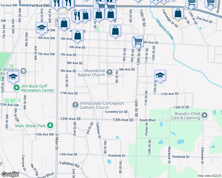 map of restaurants, bars, coffee shops, grocery stores, and more near 1119 6th Street Southeast in Moultrie