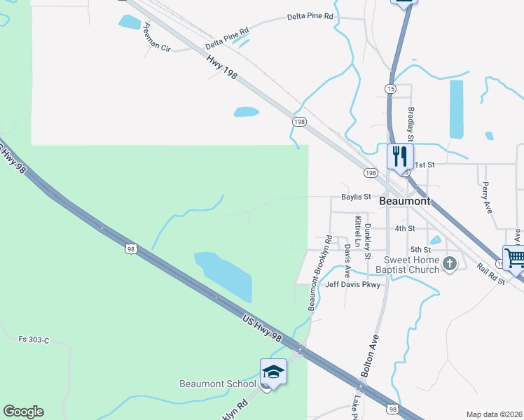 map of restaurants, bars, coffee shops, grocery stores, and more near 445 Long Street in Beaumont