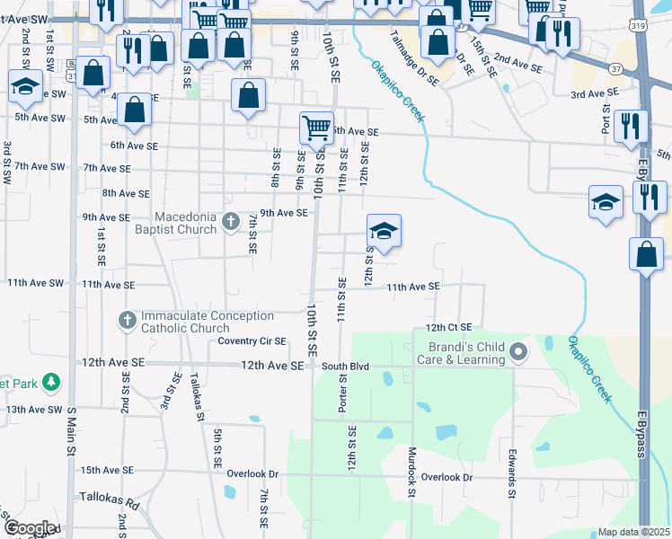 map of restaurants, bars, coffee shops, grocery stores, and more near 1016 11th Street Southeast in Moultrie
