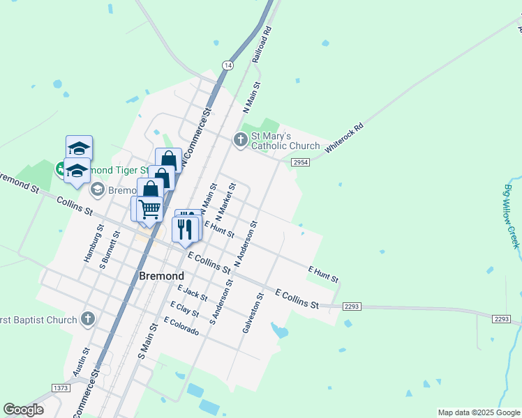 map of restaurants, bars, coffee shops, grocery stores, and more near 421 North Anderson Street in Bremond
