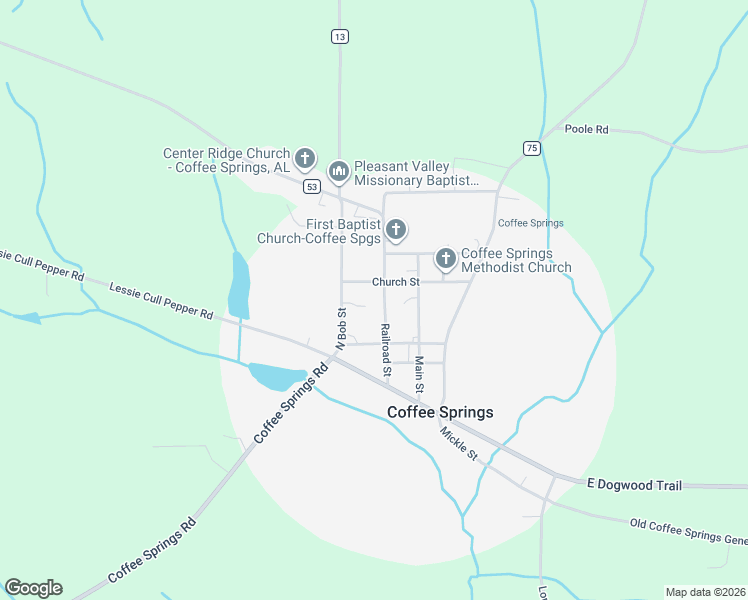 map of restaurants, bars, coffee shops, grocery stores, and more near 211 Railroad St in Coffee Springs