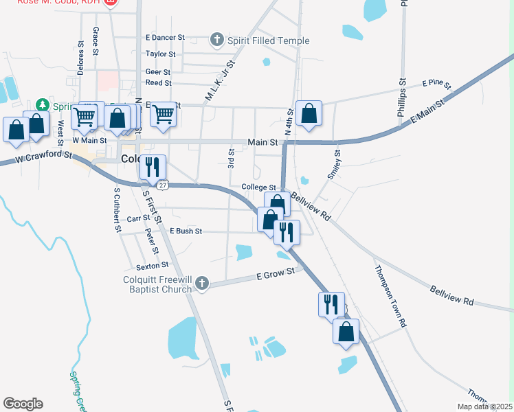 map of restaurants, bars, coffee shops, grocery stores, and more near 300 Bremond Street in Colquitt