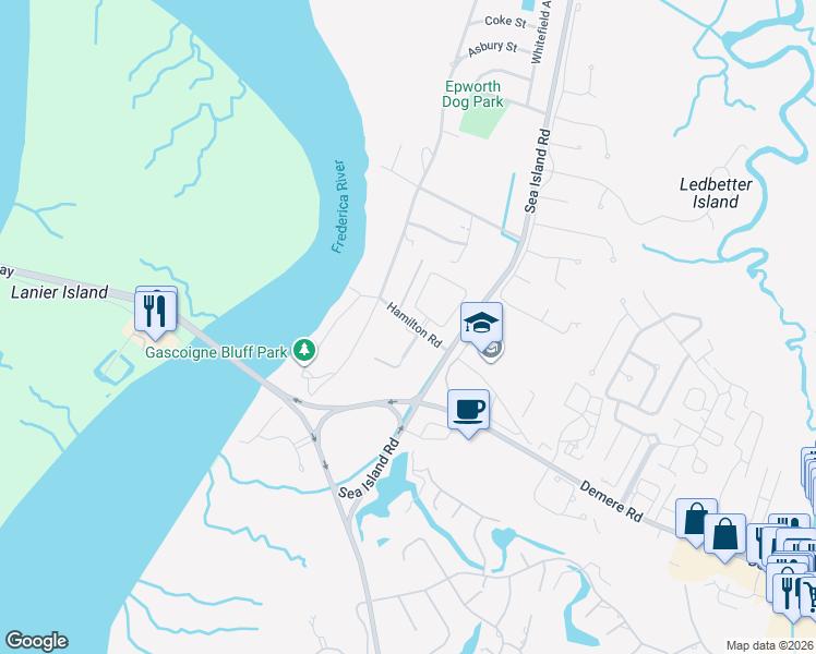 map of restaurants, bars, coffee shops, grocery stores, and more near 371 Hamilton Road in Saint Simons Island