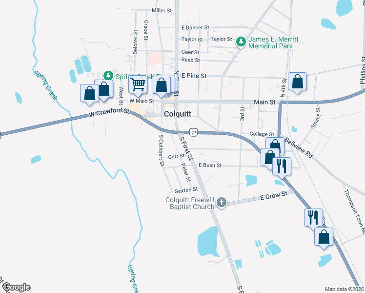 map of restaurants, bars, coffee shops, grocery stores, and more near 200 Carr Street in Colquitt