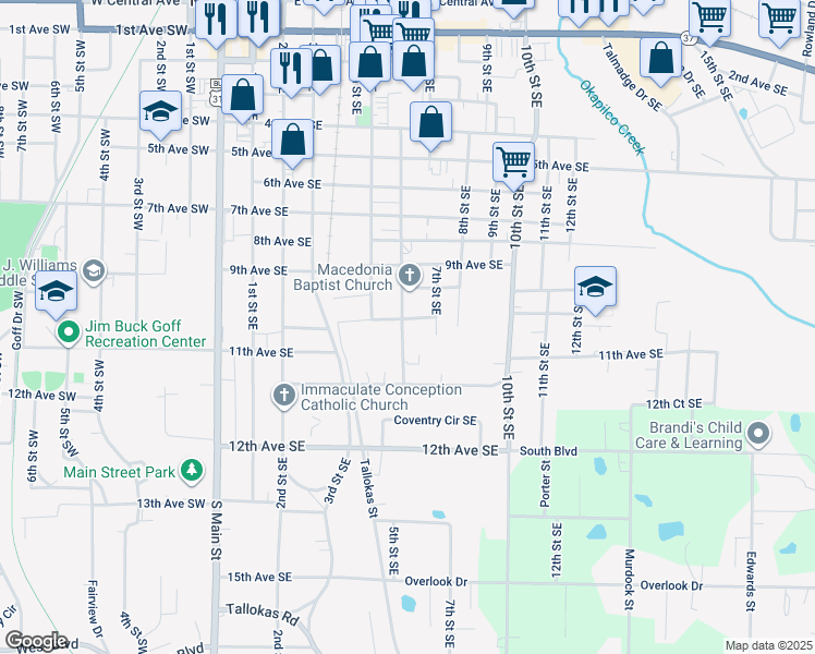 map of restaurants, bars, coffee shops, grocery stores, and more near 1119 6th Street Southeast in Moultrie