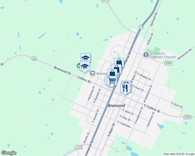 map of restaurants, bars, coffee shops, grocery stores, and more near 308 North Hamburg Street in Bremond