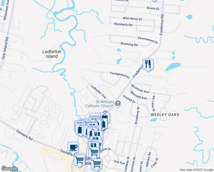 map of restaurants, bars, coffee shops, grocery stores, and more near 120 Heritage Drive in St. Simons Island