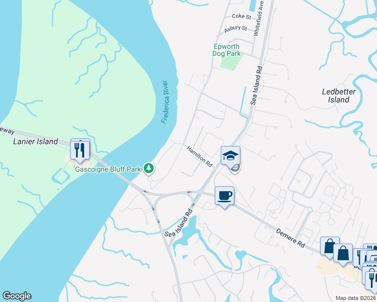 map of restaurants, bars, coffee shops, grocery stores, and more near 371 Hamilton Road in St. Simons Island