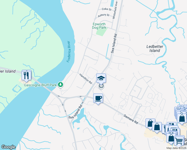 map of restaurants, bars, coffee shops, grocery stores, and more near 1004 Mariners Circle in St. Simons Island