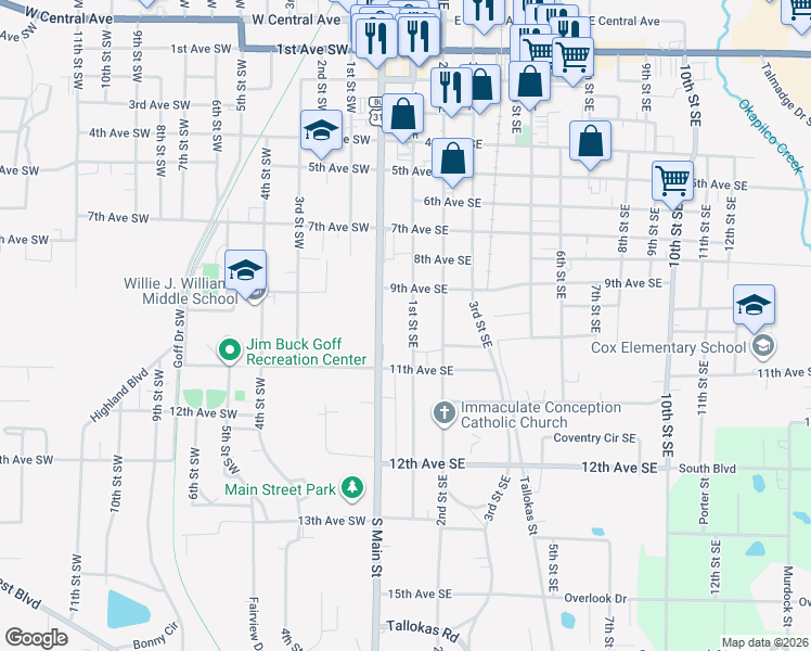 map of restaurants, bars, coffee shops, grocery stores, and more near 922 1st Street Southeast in Moultrie