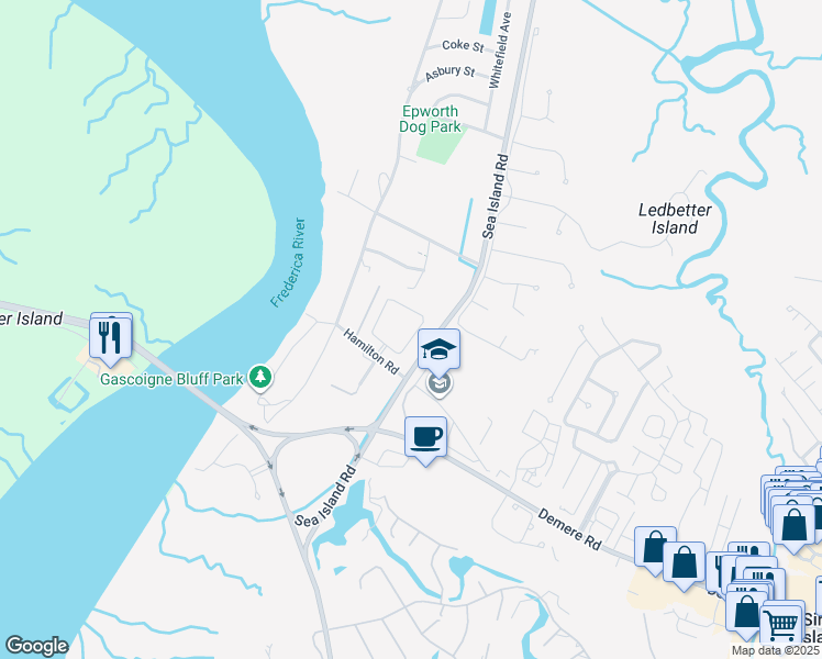 map of restaurants, bars, coffee shops, grocery stores, and more near 1004 Mariners Circle in St. Simons Island