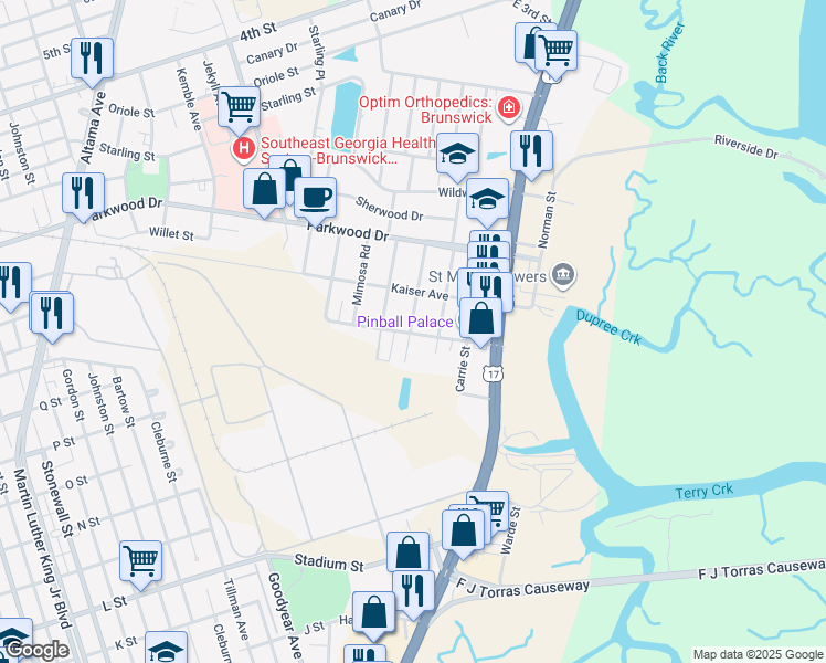 map of restaurants, bars, coffee shops, grocery stores, and more near 3005 Hopkins Avenue in Brunswick