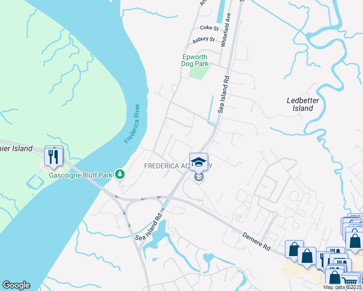map of restaurants, bars, coffee shops, grocery stores, and more near 1004 Mariners Circle in St. Simons Island