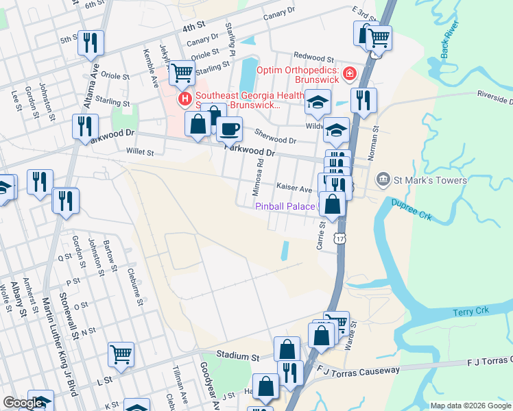 map of restaurants, bars, coffee shops, grocery stores, and more near 2802 Mimosa Road in Brunswick