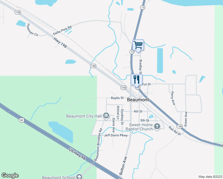 map of restaurants, bars, coffee shops, grocery stores, and more near 510 Baylis Street in Beaumont