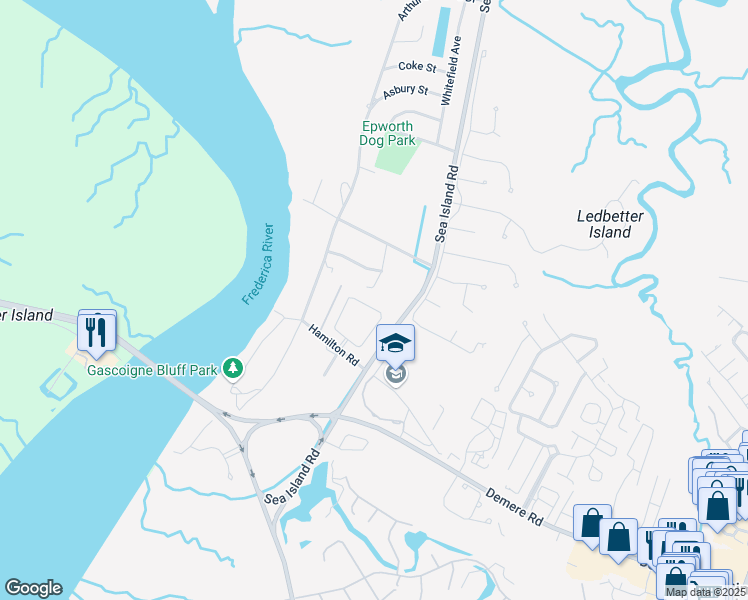 map of restaurants, bars, coffee shops, grocery stores, and more near 1004 Mariners Circle in St. Simons Island