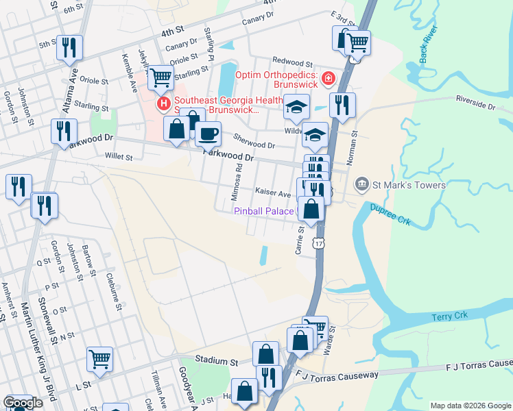 map of restaurants, bars, coffee shops, grocery stores, and more near 3005 Hopkins Avenue in Brunswick