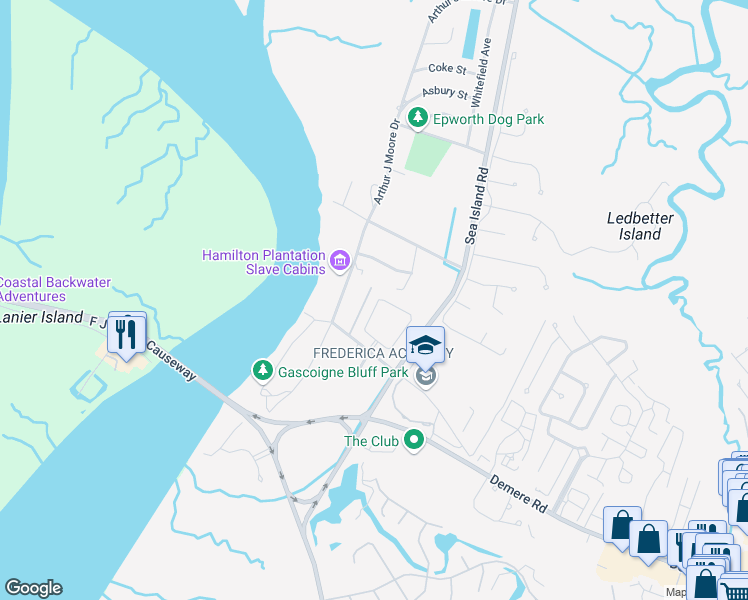 map of restaurants, bars, coffee shops, grocery stores, and more near 1004 Mariners Circle in St. Simons Island