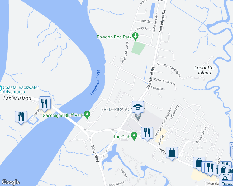 map of restaurants, bars, coffee shops, grocery stores, and more near 105 Gascoigne Avenue in St. Simons Island