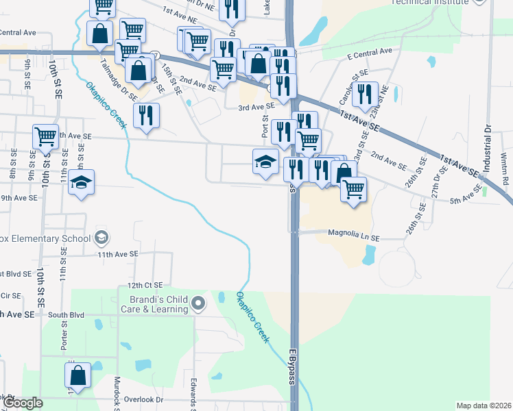 map of restaurants, bars, coffee shops, grocery stores, and more near 1800 Park Avenue Southeast in Moultrie