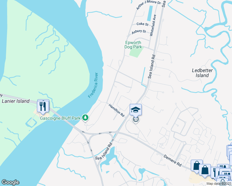 map of restaurants, bars, coffee shops, grocery stores, and more near 1195 Arthur J Moore Drive in St. Simons Island