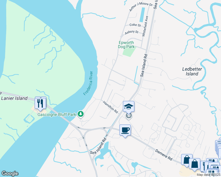 map of restaurants, bars, coffee shops, grocery stores, and more near 1195 Arthur J Moore Drive in St. Simons Island