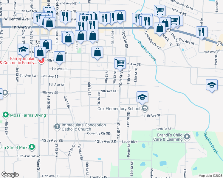 map of restaurants, bars, coffee shops, grocery stores, and more near 901 1/2 9th Avenue Southeast in Moultrie