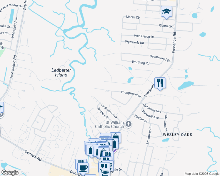 map of restaurants, bars, coffee shops, grocery stores, and more near 301 Youngwood Drive in St. Simons Island