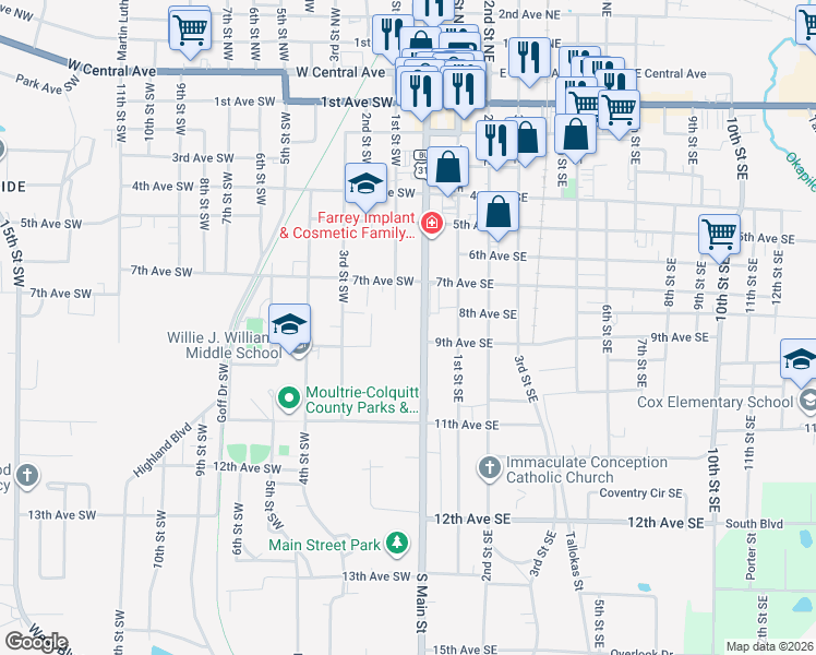 map of restaurants, bars, coffee shops, grocery stores, and more near 810 South Main Street in Moultrie