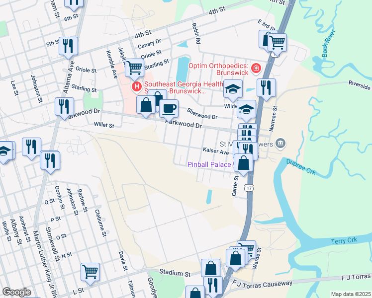 map of restaurants, bars, coffee shops, grocery stores, and more near 2827 Mimosa Road in Brunswick